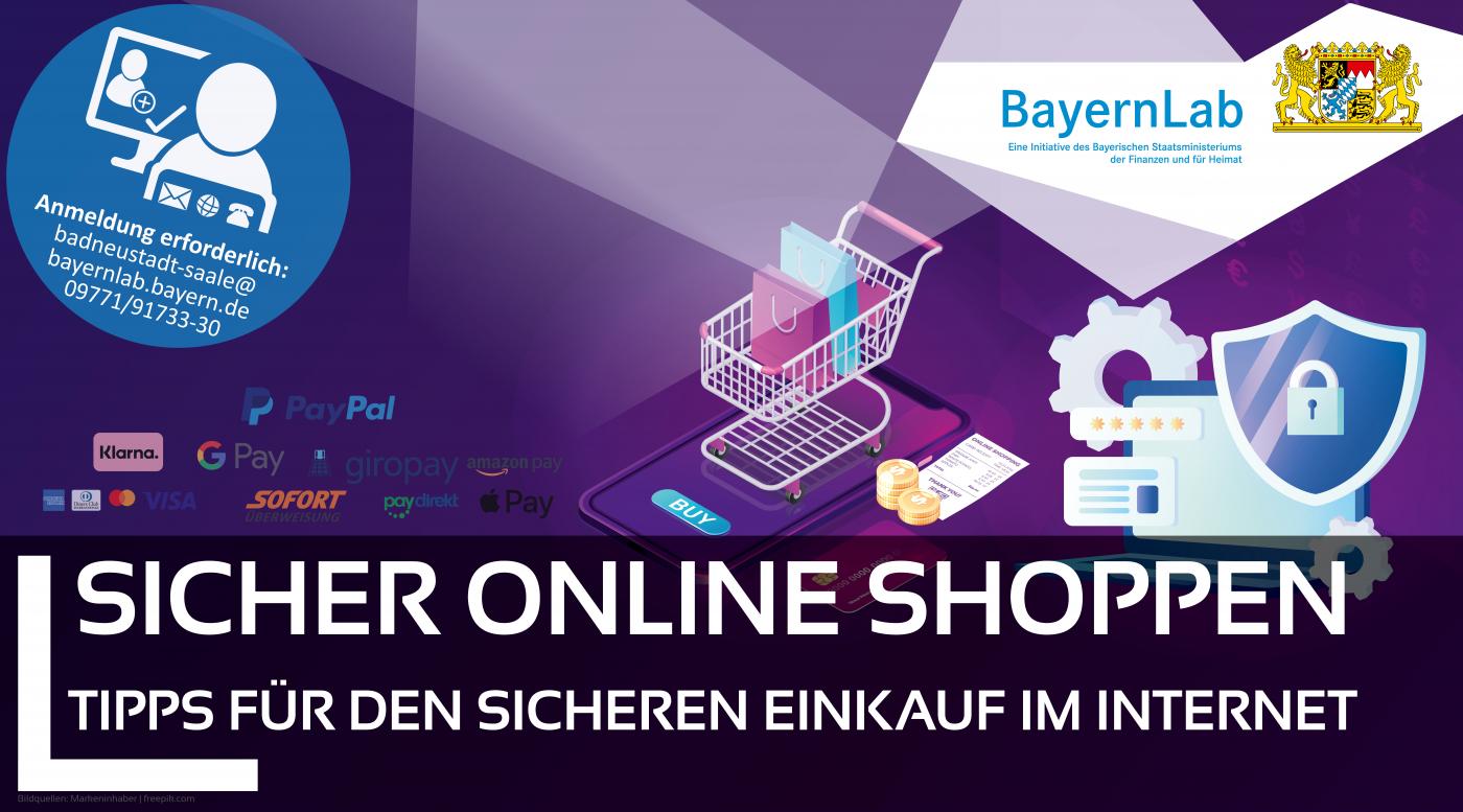 lila Hintergrund, Logos von Onlineshoppingportalen, Bezahlsysteme, Einkaufswagen auf Smartphone. Logo BayernLab.